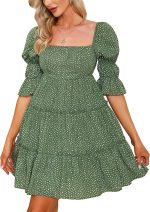 EXLURA Women's Tie Back Square Neck Dresses Puff Elbow Sleeve Off Shoulder Tiered Ruffle Floral Backless Mini Dress